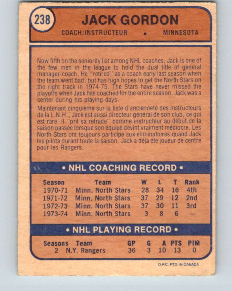 1974-75 O-Pee-Chee #238 Jack Gordon CO RC Rookie Minnesota North Stars V4829