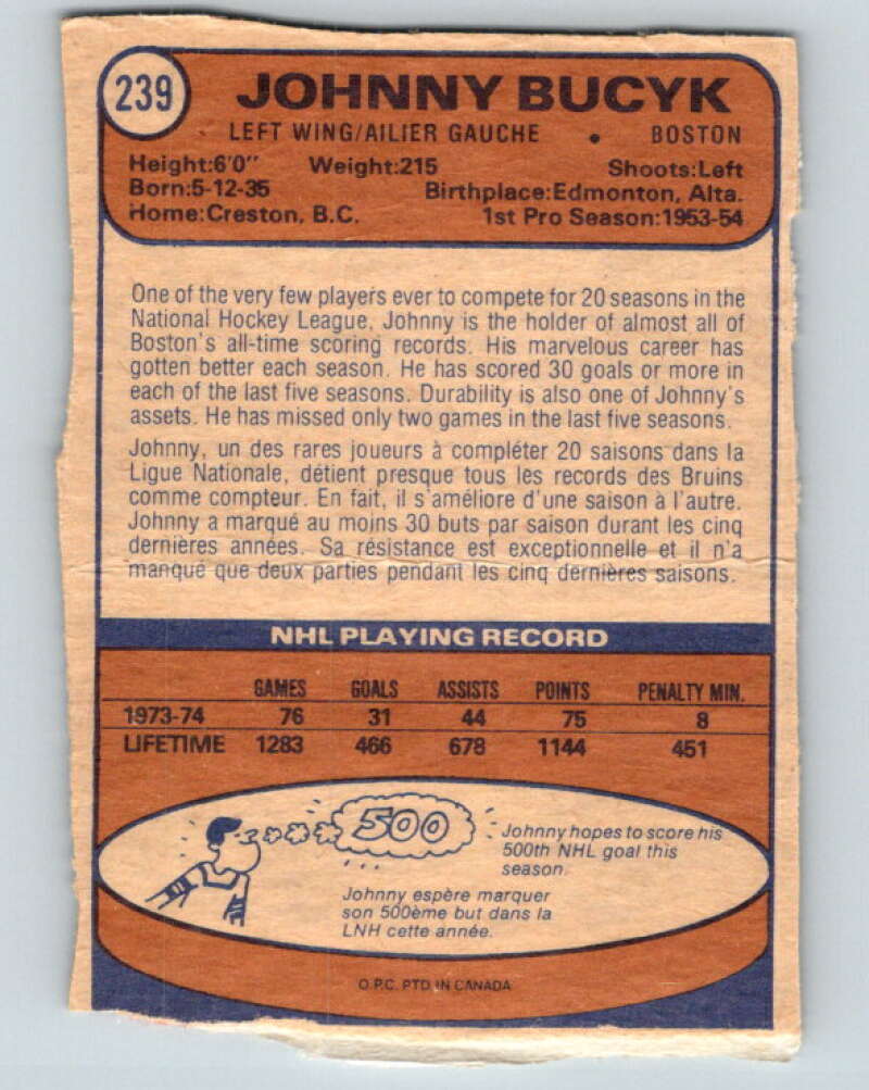 1974-75 O-Pee-Chee #239 Johnny Bucyk Boston Bruins V4830