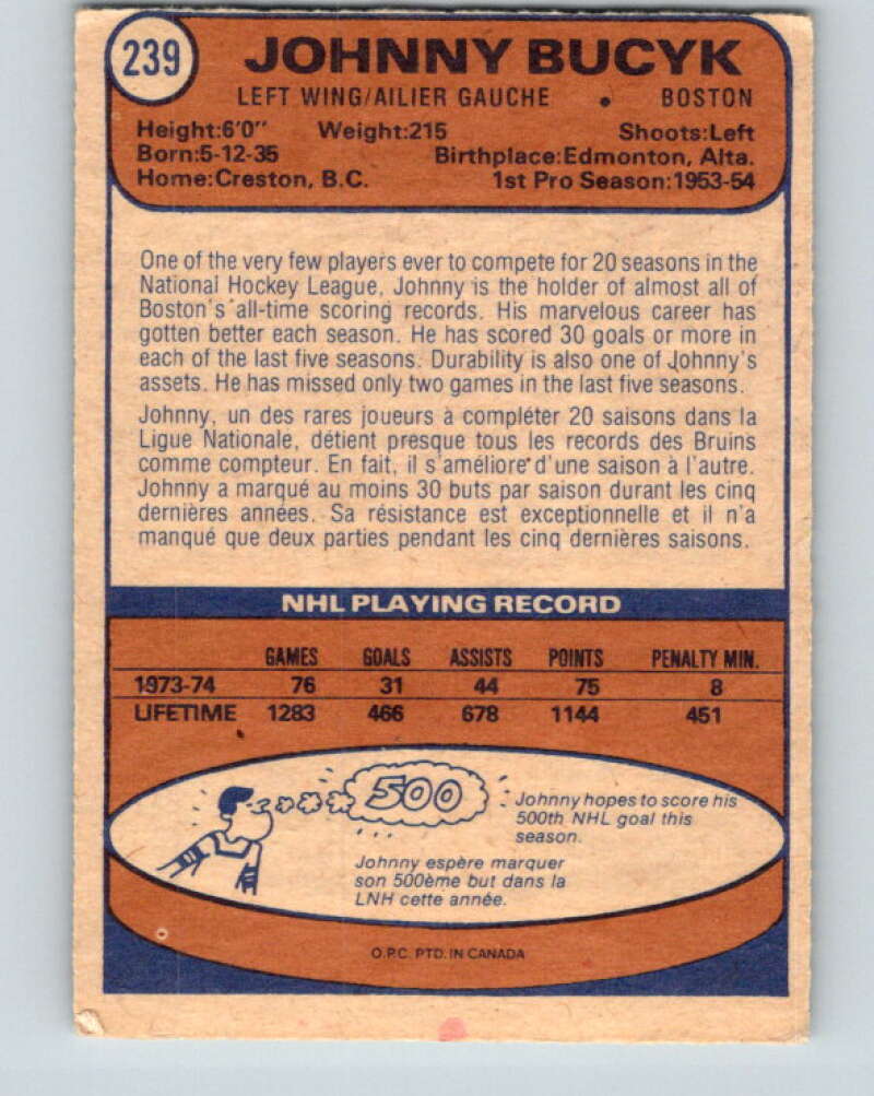 1974-75 O-Pee-Chee #239 Johnny Bucyk Boston Bruins V4831