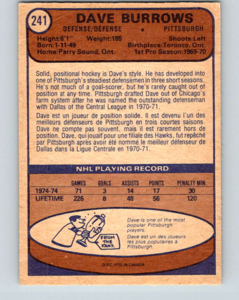 1974-75 O-Pee-Chee #241 Dave Burrows UER Pittsburgh Penguins V4834