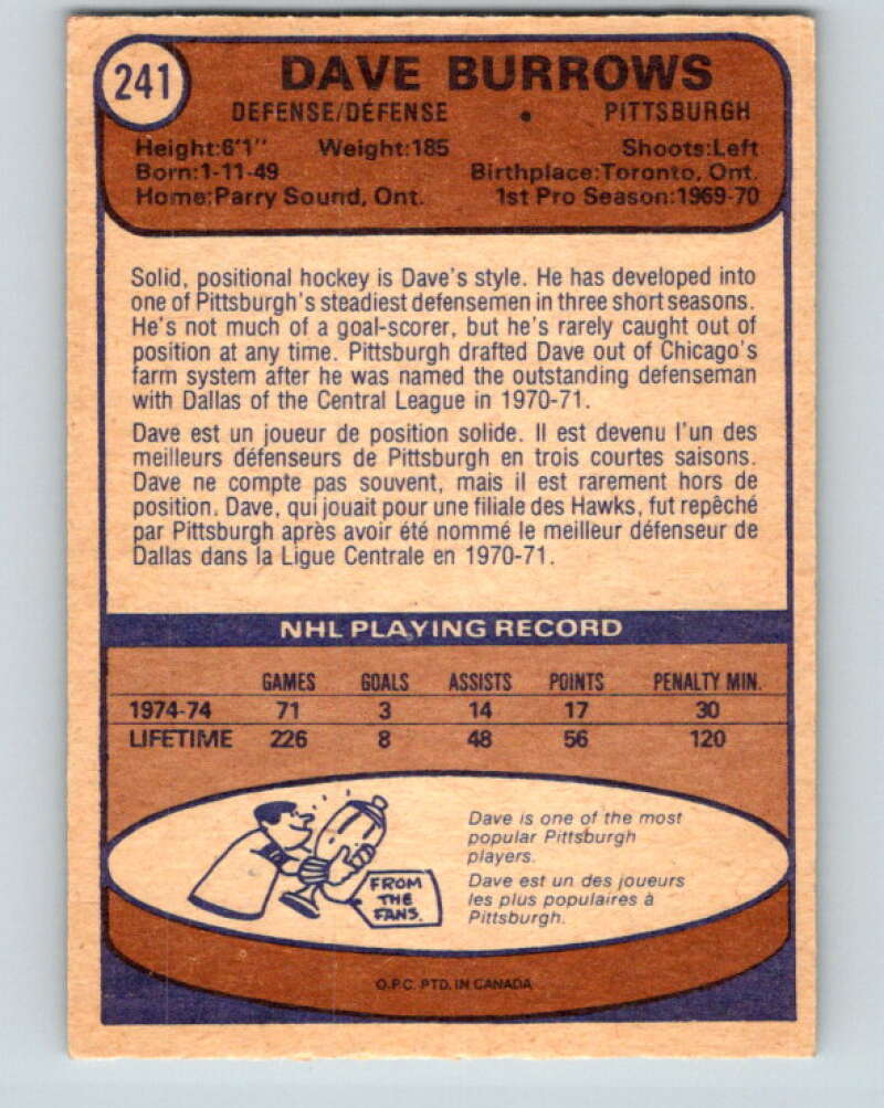 1974-75 O-Pee-Chee #241 Dave Burrows UER Pittsburgh Penguins V4835