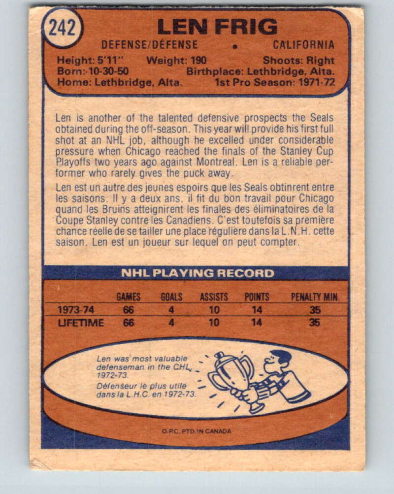 1974-75 O-Pee-Chee #242 Len Frig RC Rookie California Golden Seals V4836