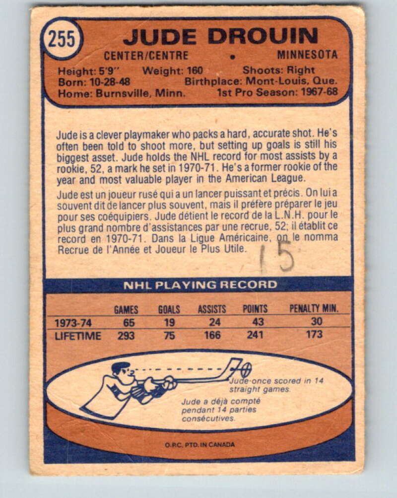 1974-75 O-Pee-Chee #255 Jude Drouin Minnesota North Stars V4858