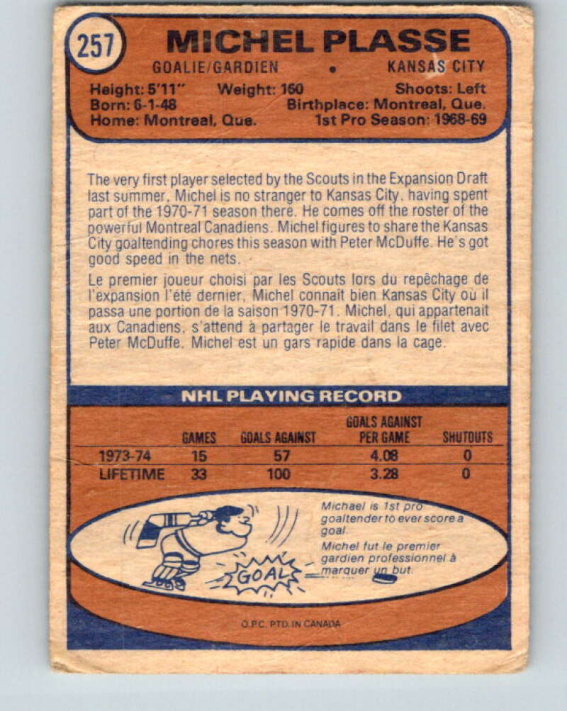 1974-75 O-Pee-Chee #257 Michel Plasse Kansas City Scouts V4862