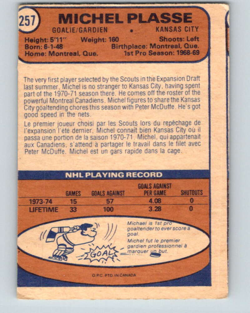 1974-75 O-Pee-Chee #257 Michel Plasse Kansas City Scouts V4863