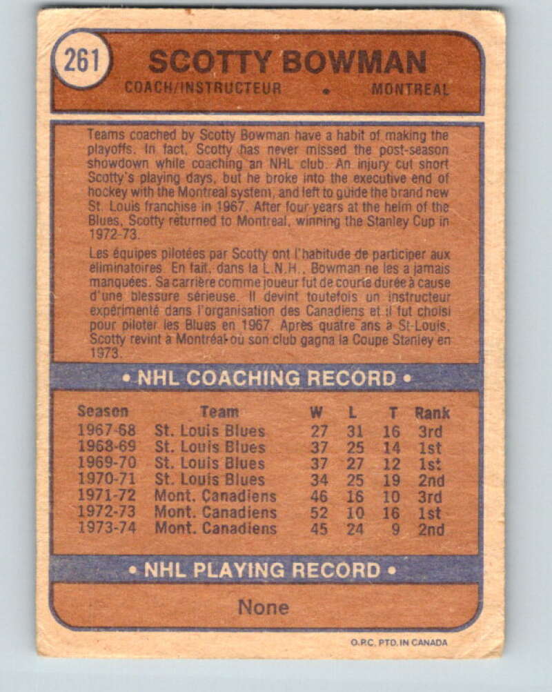 1974-75 O-Pee-Chee #261 Scotty Bowman CO RC Rookie Montreal Canadiens V4870