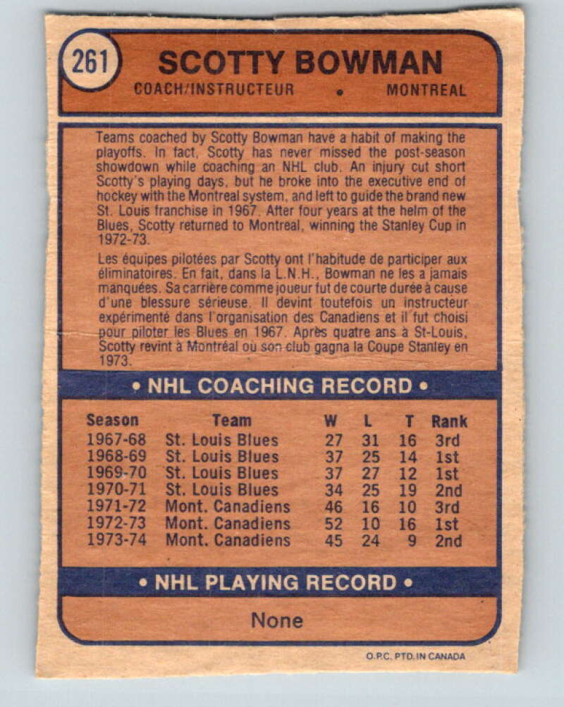 1974-75 O-Pee-Chee #261 Scotty Bowman CO RC Rookie Montreal Canadiens V4871