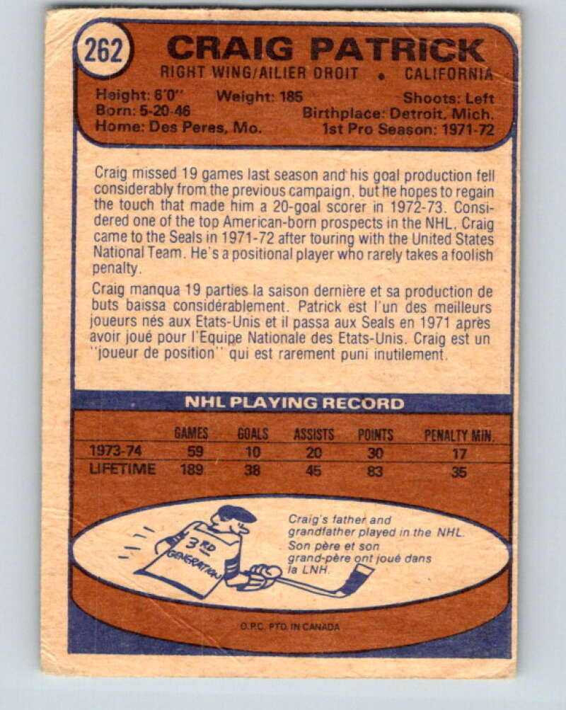 1974-75 O-Pee-Chee #262 Craig Patrick California Golden Seals V4872