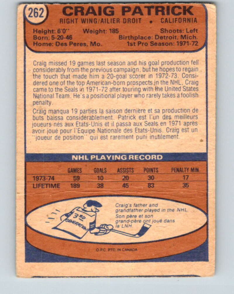 1974-75 O-Pee-Chee #262 Craig Patrick California Golden Seals V4873
