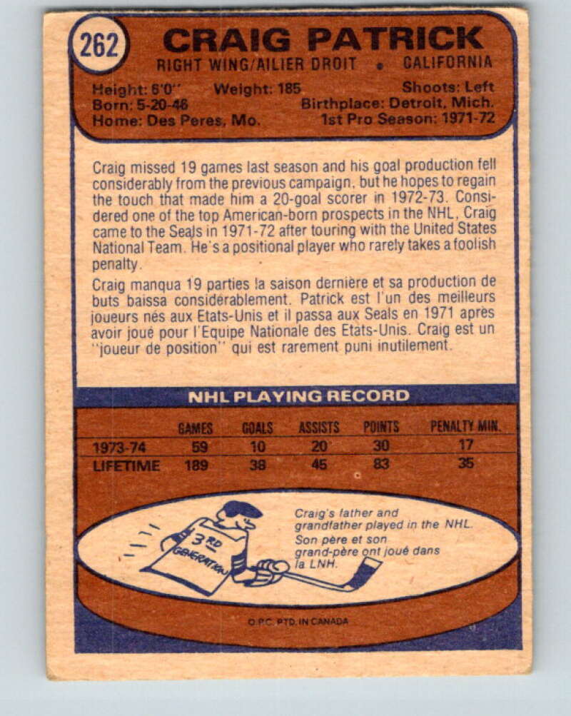 1974-75 O-Pee-Chee #262 Craig Patrick California Golden Seals V4874