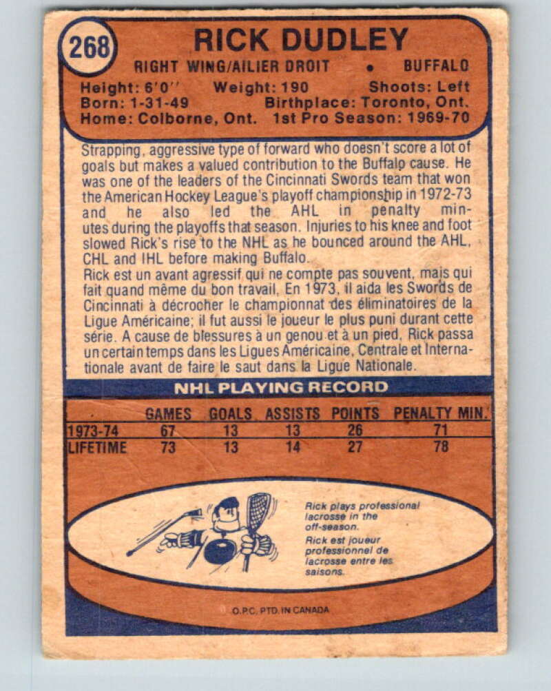 1974-75 O-Pee-Chee #268 Rick Dudley RC Rookie Buffalo Sabres V4886