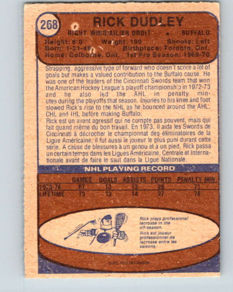 1974-75 O-Pee-Chee #268 Rick Dudley RC Rookie Buffalo Sabres V4887