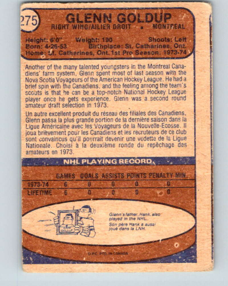 1974-75 O-Pee-Chee #275 Glenn Goldup RC Rookie Montreal Canadiens V4893