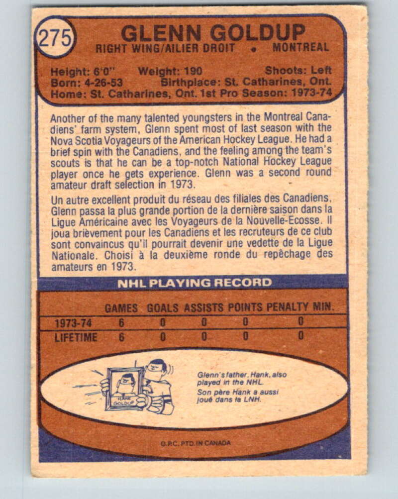 1974-75 O-Pee-Chee #275 Glenn Goldup RC Rookie Montreal Canadiens V4894