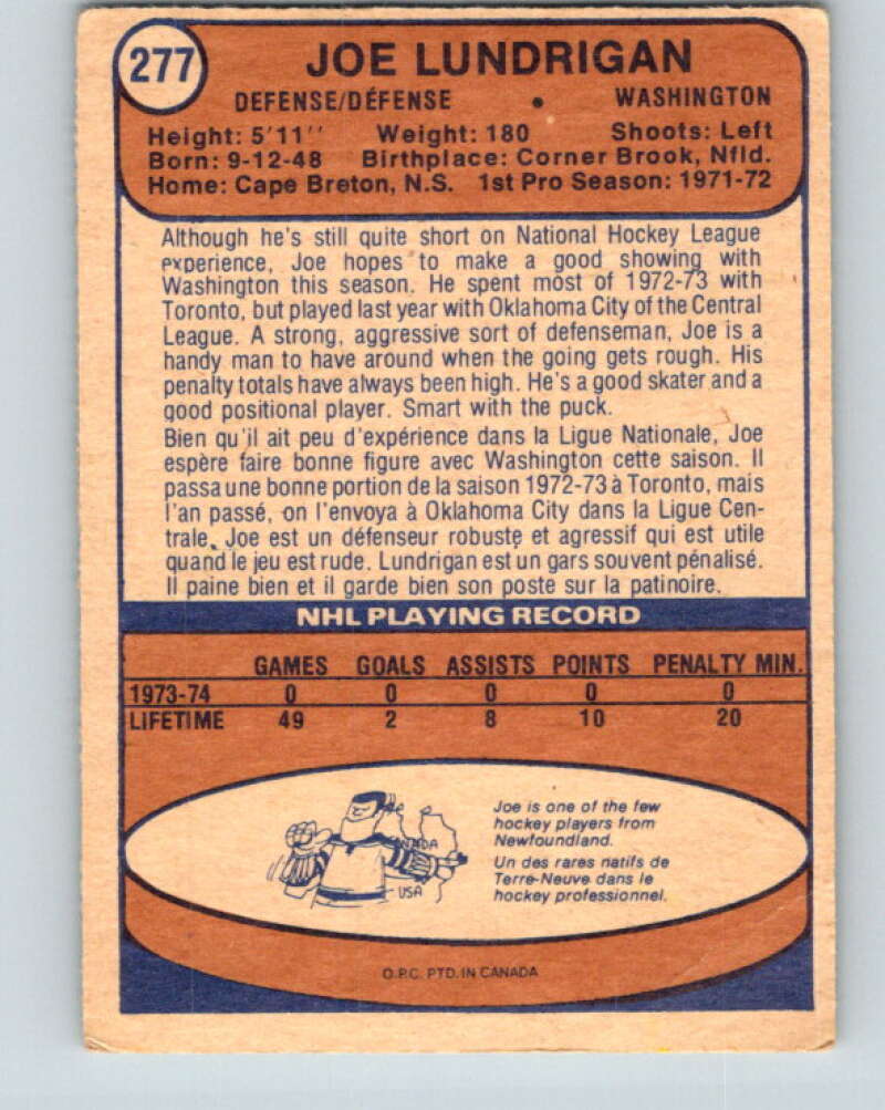 1974-75 O-Pee-Chee #277 Joe Lundrigan RC Rookie Washington Capitals V4897