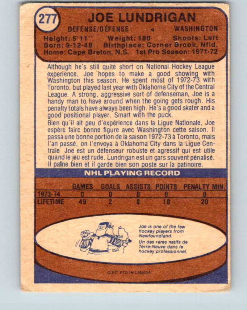 1974-75 O-Pee-Chee #277 Joe Lundrigan RC Rookie Washington Capitals V4898