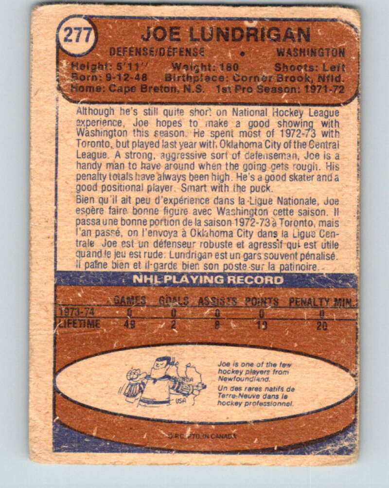 1974-75 O-Pee-Chee #277 Joe Lundrigan RC Rookie Washington Capitals V4899