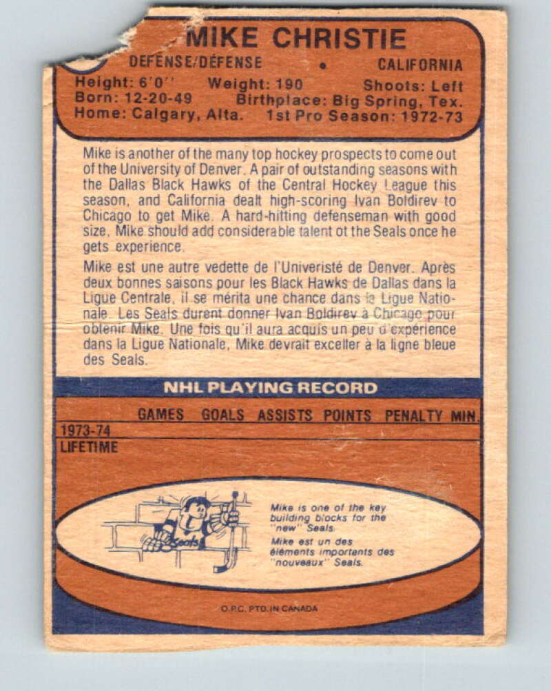 1974-75 O-Pee-Chee #278 Mike Christie RC Rookie California Golden Seals V4900