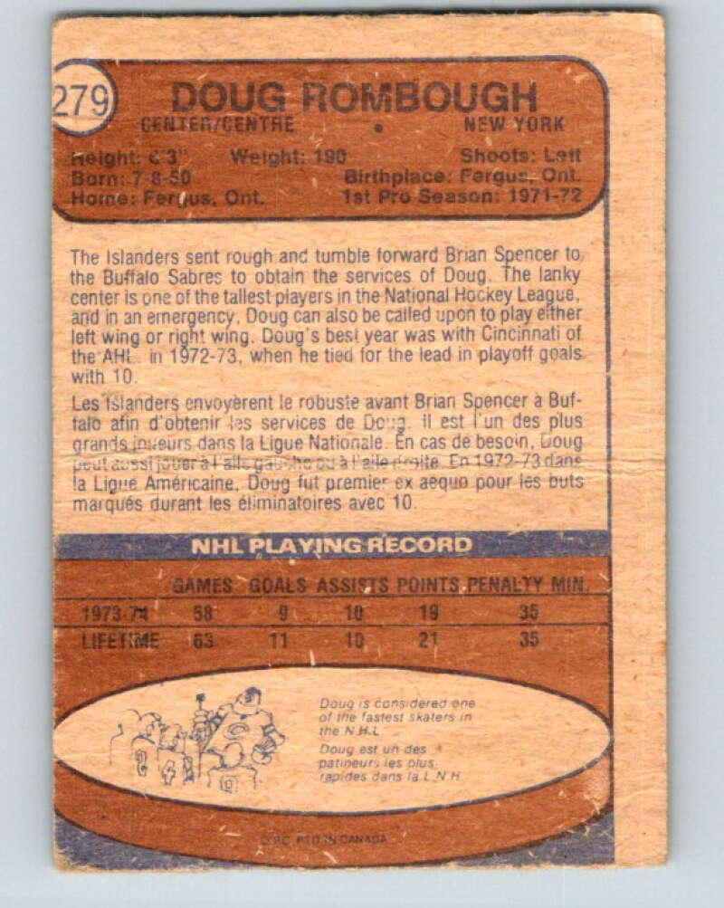 1974-75 O-Pee-Chee #279 Doug Rombough RC Rookie New York Islanders V4901
