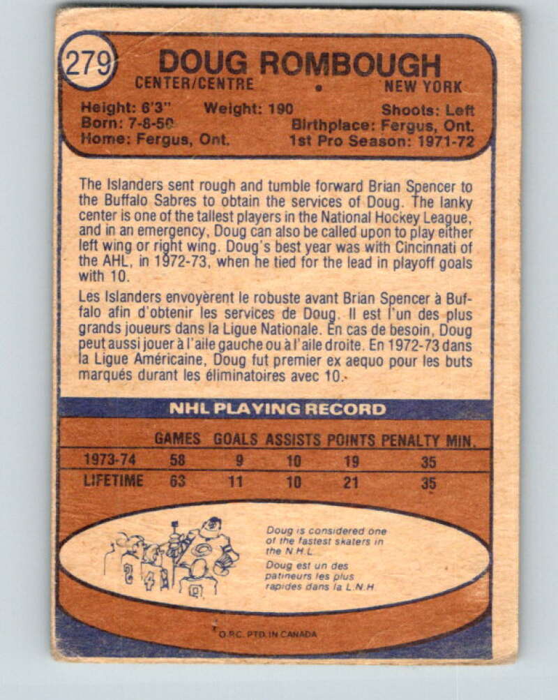 1974-75 O-Pee-Chee #279 Doug Rombough RC Rookie New York Islanders V4902