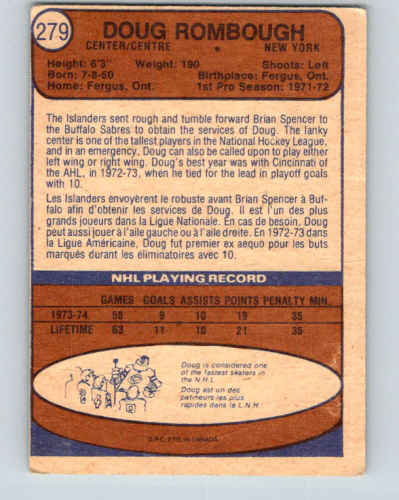 1974-75 O-Pee-Chee #279 Doug Rombough RC Rookie New York Islanders V4903