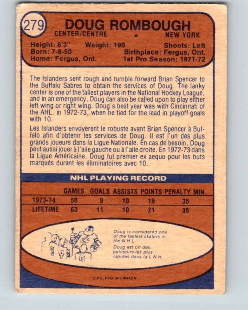 1974-75 O-Pee-Chee #279 Doug Rombough RC Rookie New York Islanders V4904