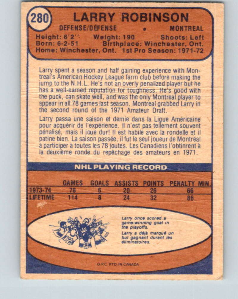 1974-75 O-Pee-Chee #280 Larry Robinson Montreal Canadiens V4905