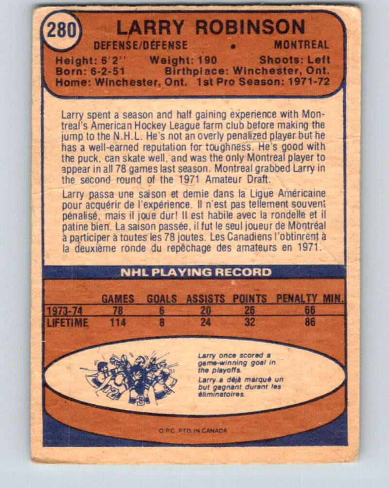 1974-75 O-Pee-Chee #280 Larry Robinson Montreal Canadiens V4906