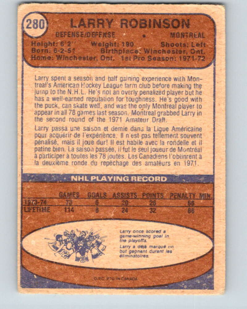 1974-75 O-Pee-Chee #280 Larry Robinson Montreal Canadiens V4907