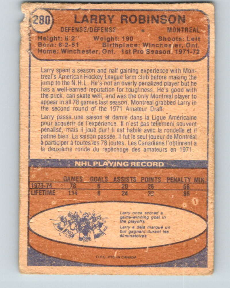 1974-75 O-Pee-Chee #280 Larry Robinson Montreal Canadiens V4908