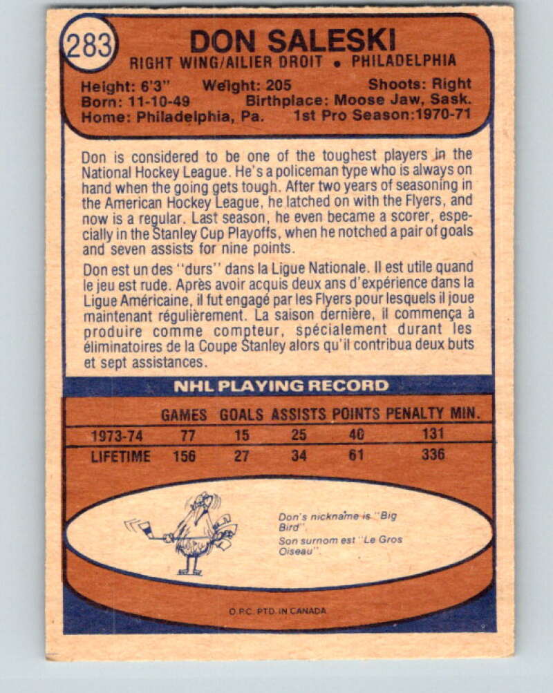 1974-75 O-Pee-Chee #283 Don Saleski Philadelphia Flyers V4912