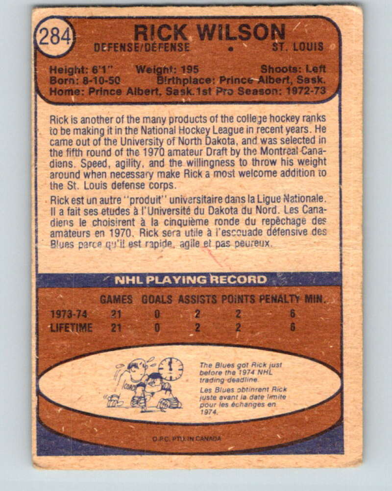1974-75 O-Pee-Chee #284 Rick Wilson RC Rookie St. Louis Blues V4915