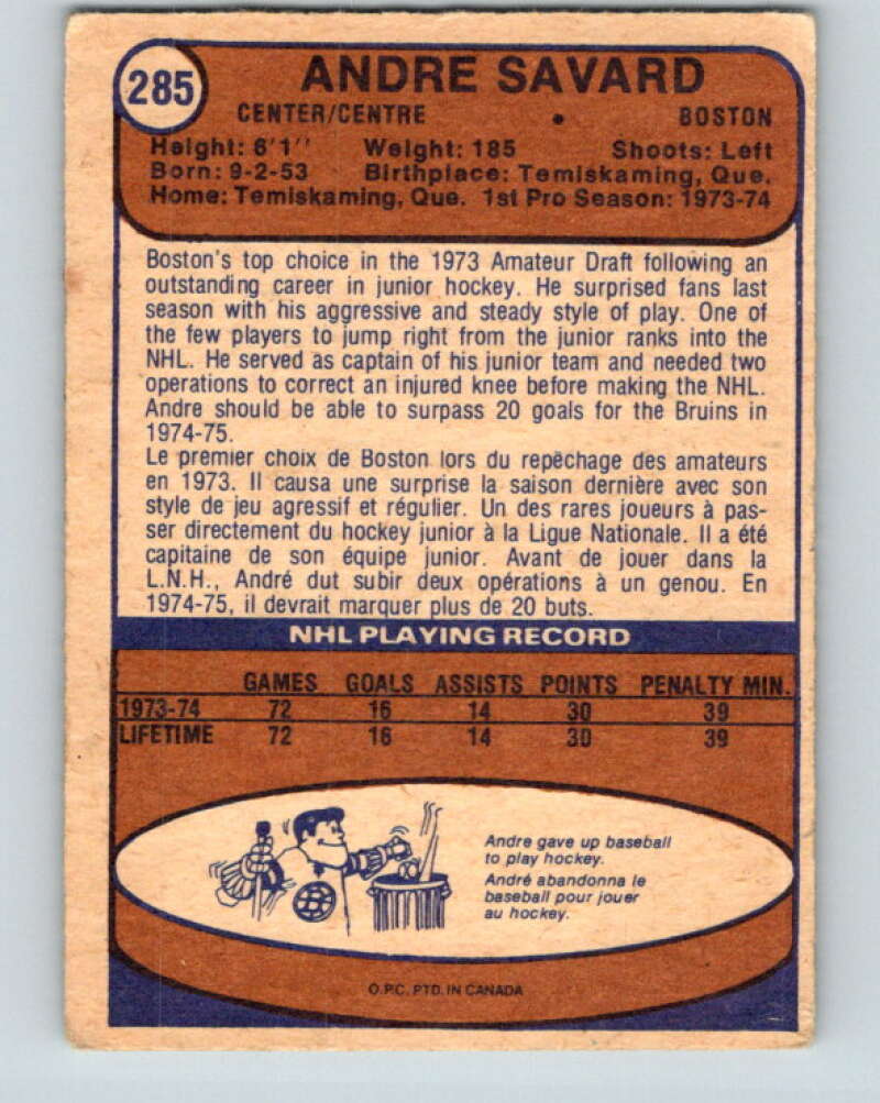 1974-75 O-Pee-Chee #285 Andre Savard RC Rookie Boston Bruins V4916