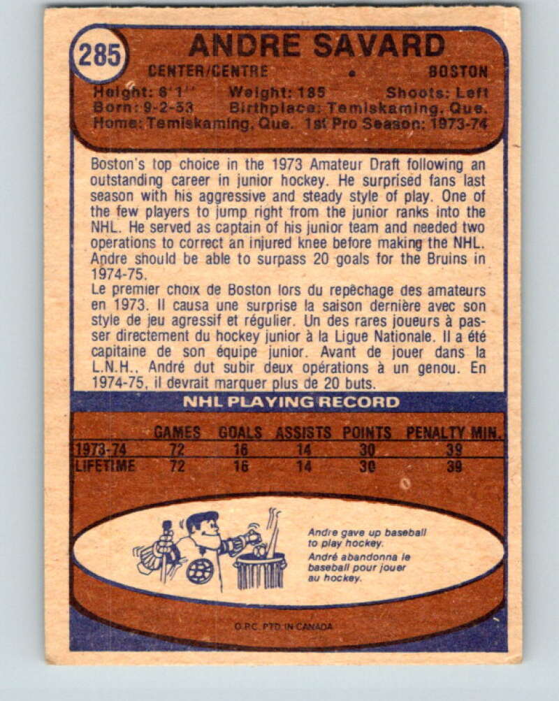 1974-75 O-Pee-Chee #285 Andre Savard RC Rookie Boston Bruins V4917