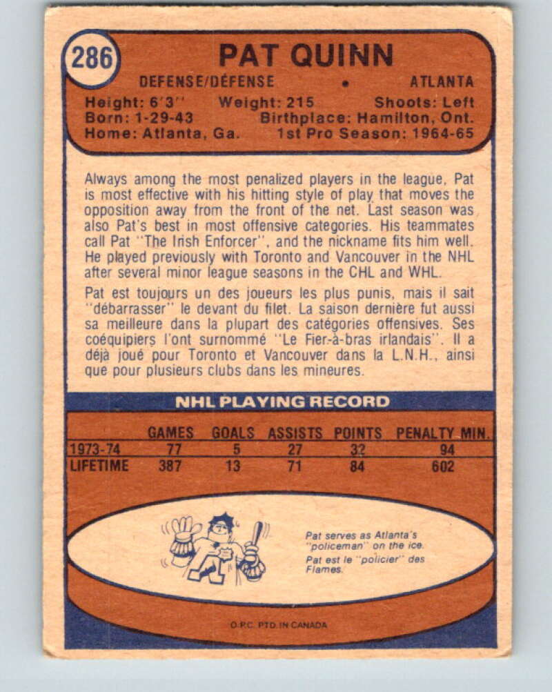 1974-75 O-Pee-Chee #286 Pat Quinn Atlanta Flames V4918