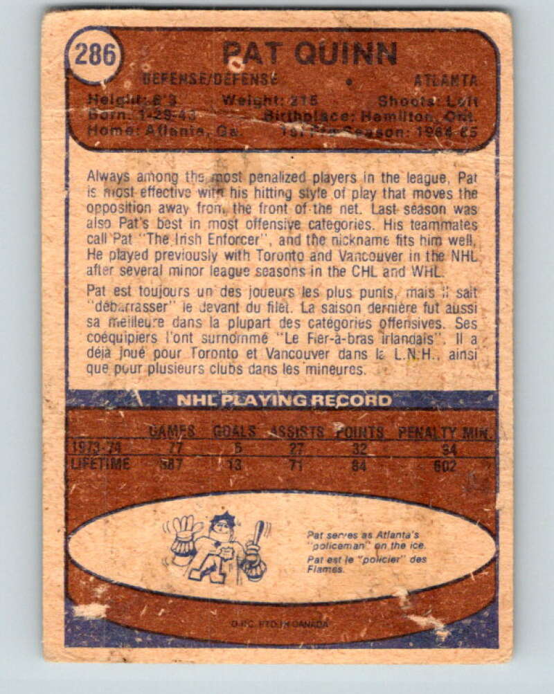 1974-75 O-Pee-Chee #286 Pat Quinn Atlanta Flames V4919