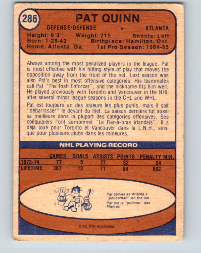 1974-75 O-Pee-Chee #286 Pat Quinn Atlanta Flames V4920