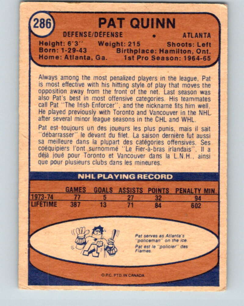 1974-75 O-Pee-Chee #286 Pat Quinn Atlanta Flames V4921