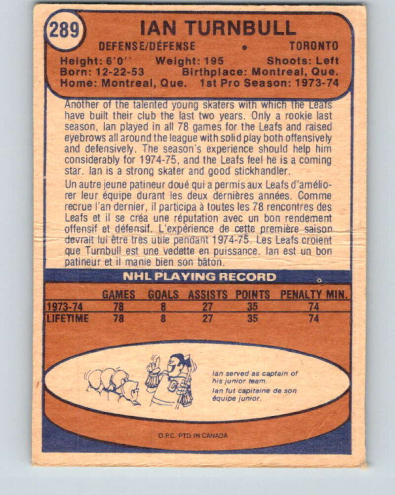 1974-75 O-Pee-Chee #289 Ian Turnbull RC Rookie Toronto Maple Leafs V4928
