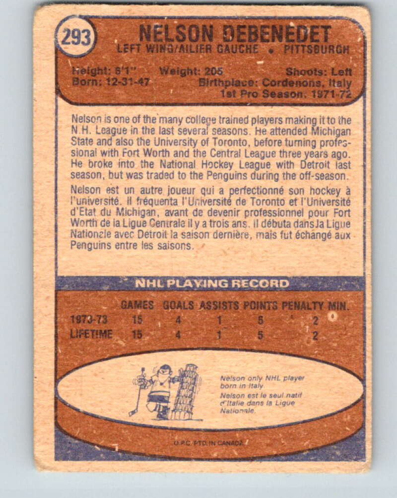 1974-75 O-Pee-Chee #293 Nelson DeBenedet RC Rookie Pittsburgh Penguins V4936