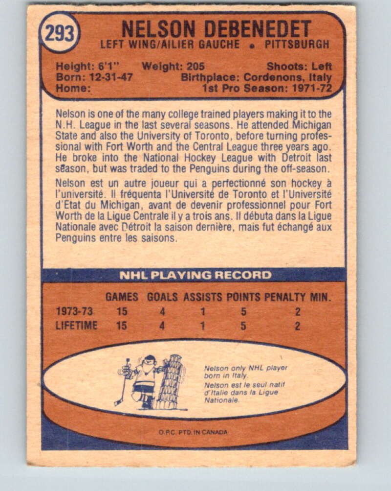 1974-75 O-Pee-Chee #293 Nelson DeBenedet RC Rookie Pittsburgh Penguins V4938