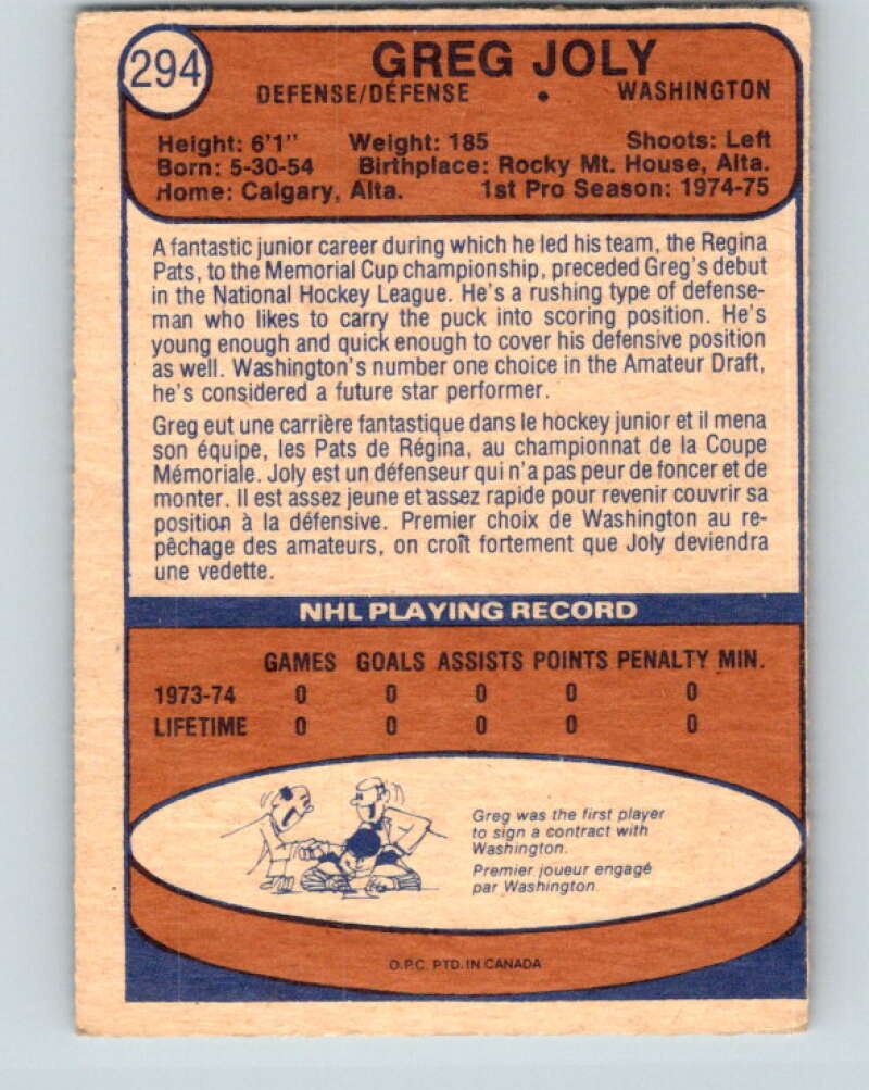 1974-75 O-Pee-Chee #294 Greg Joly RC Rookie Washington Capitals V4939
