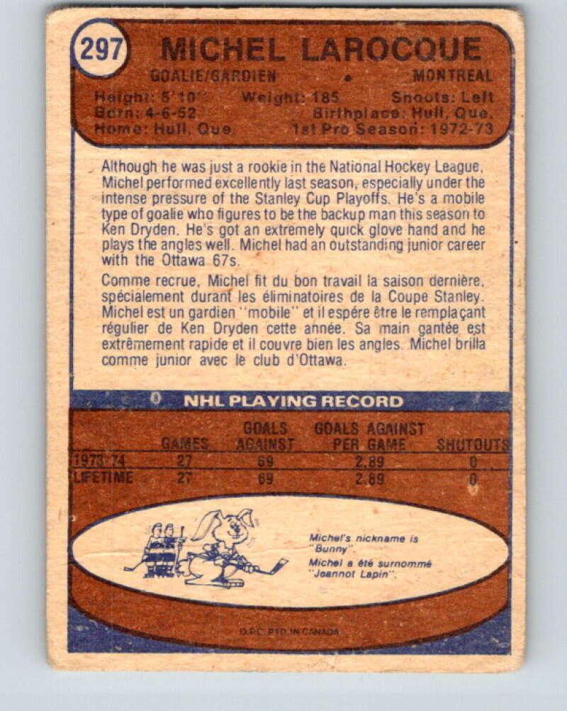 1974-75 O-Pee-Chee #297 Michel Larocque RC Rookie Montreal Canadiens V4945