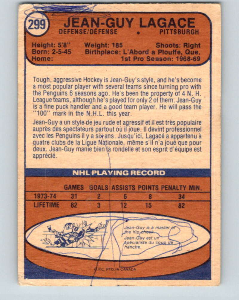1974-75 O-Pee-Chee #299 Jean-Guy Lagace RC Rookie Pittsburgh Penguins V4951