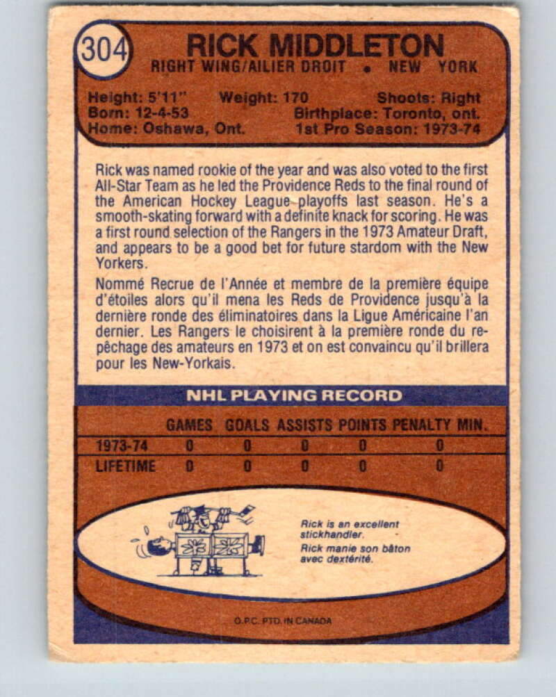 1974-75 O-Pee-Chee #304 Rick Middleton RC Rookie New York Rangers V4955