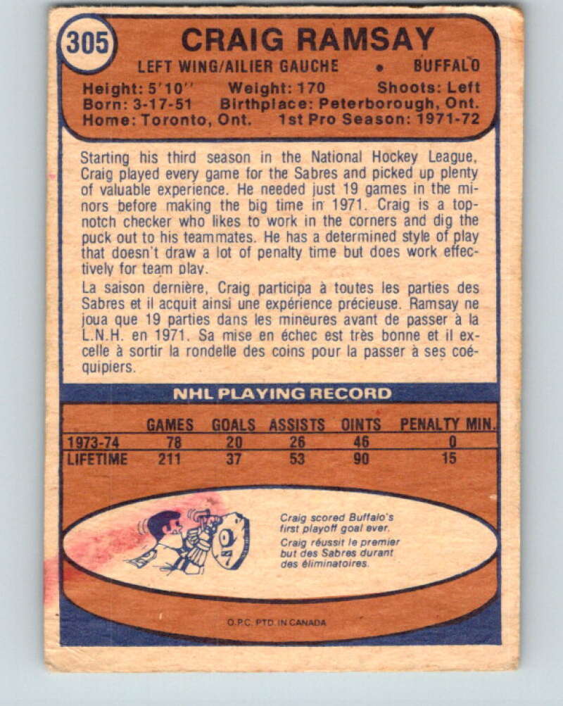 1974-75 O-Pee-Chee #305 Craig Ramsay UER Buffalo Sabres V4957