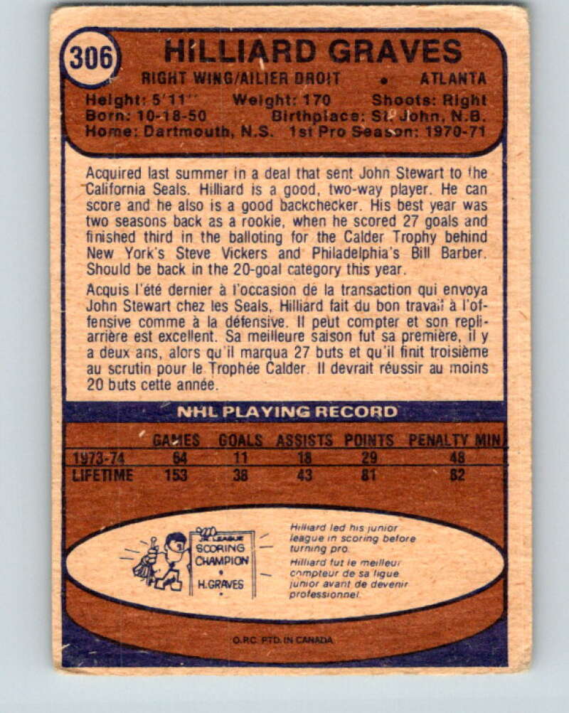 1974-75 O-Pee-Chee #306 Hilliard Graves Atlanta Flames V4958