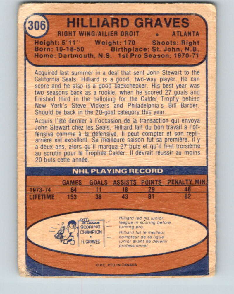 1974-75 O-Pee-Chee #306 Hilliard Graves Atlanta Flames V4959