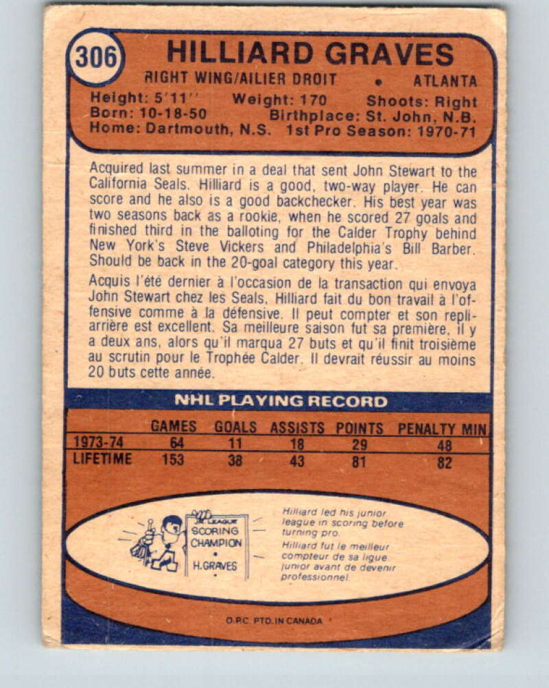 1974-75 O-Pee-Chee #306 Hilliard Graves Atlanta Flames V4960
