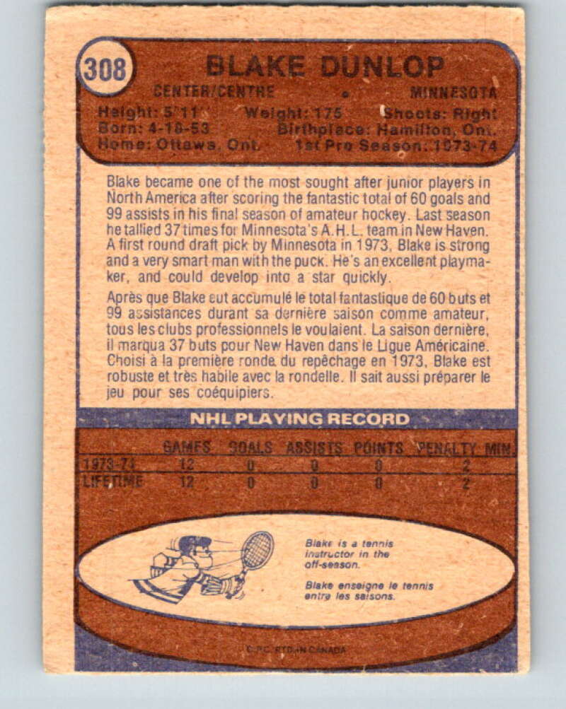 1974-75 O-Pee-Chee #308 Blake Dunlop RC Rookie Minnesota North Stars V4964